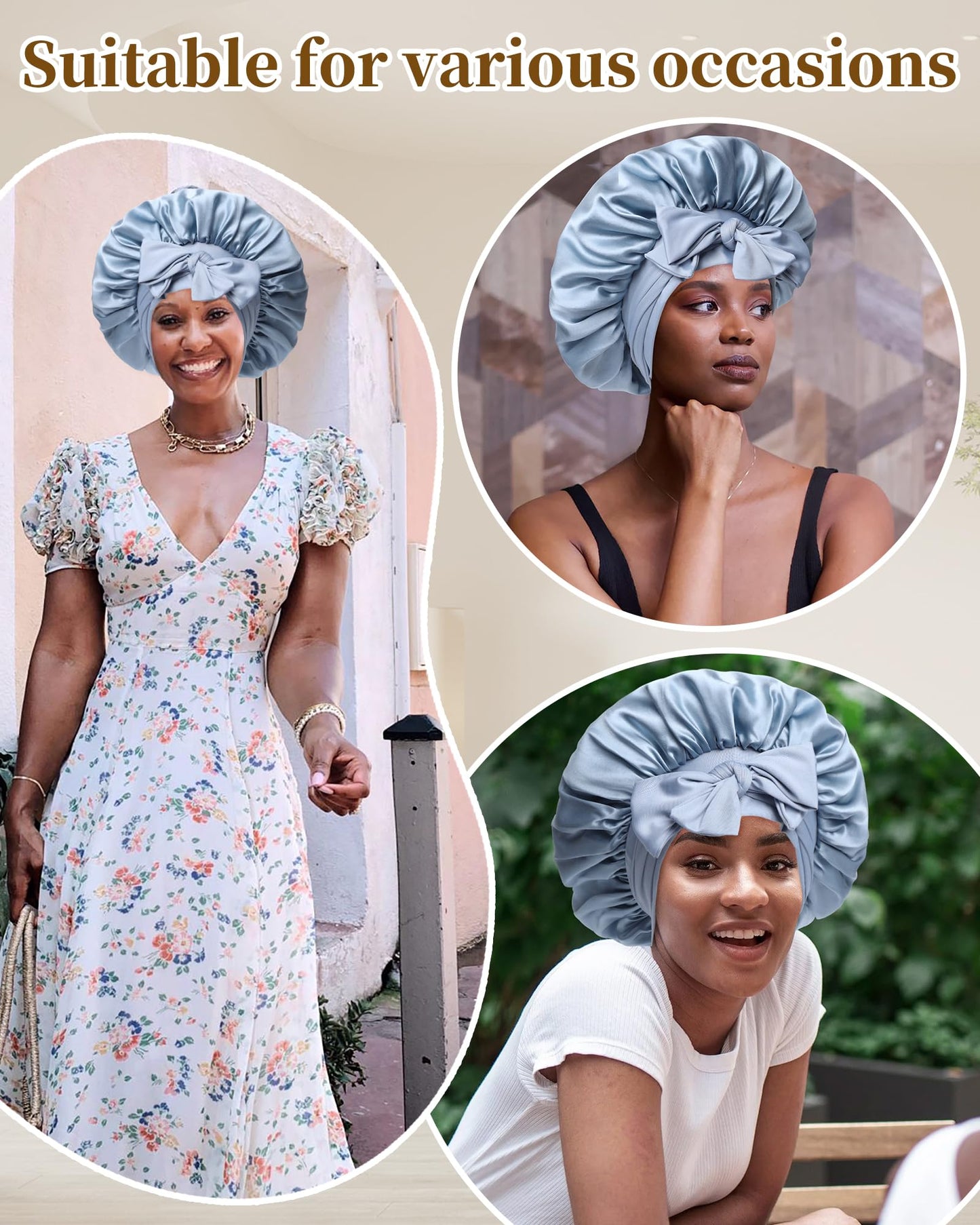 100% Mulberry Silk Bonnet for Sleeping Women Silk Hair Bonnet Elastic Tie Band with Silk Hair Scrunchies Silk Sleep Eye Mask(Mist Blue+Sky Blue)