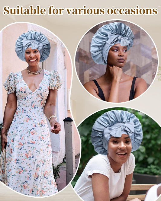 100% Mulberry Silk Bonnet for Sleeping Women Silk Hair Bonnet Elastic Tie Band with Silk Hair Scrunchies Silk Sleep Eye Mask(Mist Blue+Sky Blue)
