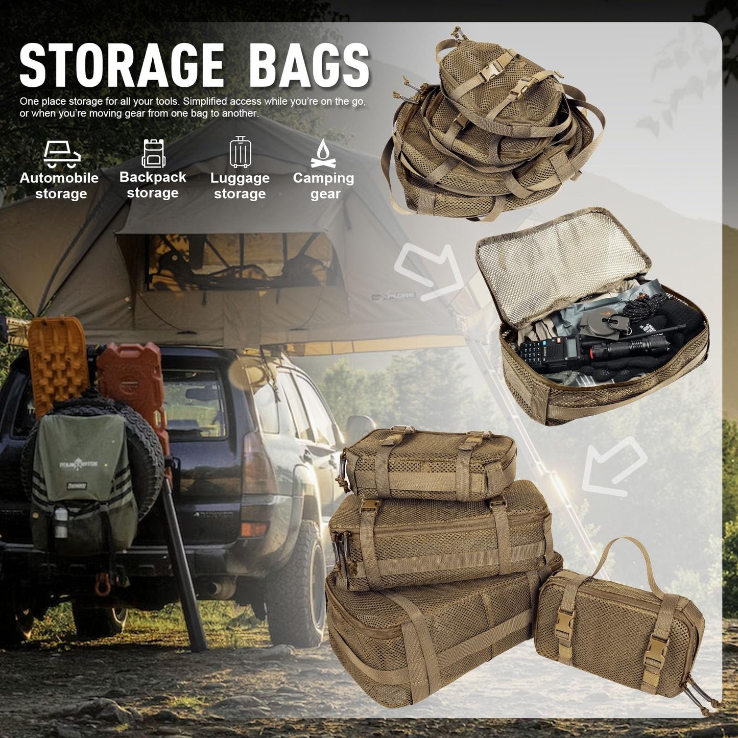 CASONMMAX 4 Set Tactical Packing Cubes ，Compressible Mesh Duffle Storage Bag,Portable Edc Molle Pouch Organizer. (CB)