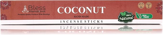 Bless-Coconut 100%-Natural-Handmade-Hand-Dipped-Incense-Sticks Organic-Chemicals-Charcoal-Free Purification-Relaxation-Positivity-Yoga-Meditation Best-Woods-Scent (25 Sticks (1.4 OZ))