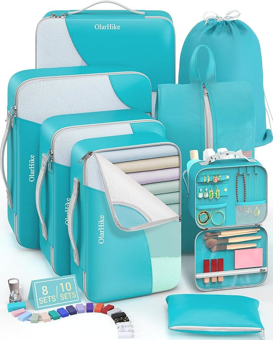 8 Set Packing Cubes for Travel, Gifts for Women Mom,Anti-Tearing Suitcase Organizer for Luggage with Shoe & Hanging Toiletry Bag,OlarHike Vacation Essentials & Accessories for Cruise Ship,Teal