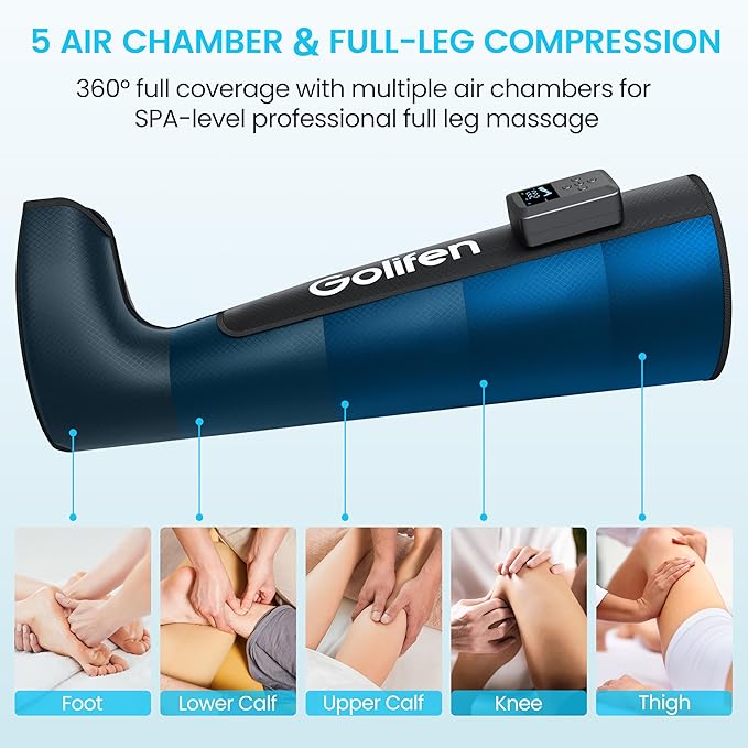 Cordless Leg Compression Massager, Portable Compression Boots with 5 Air Chambers, Full Leg Massager for Circulation & Muscle Pain Relief, Holiday Birthday Gift for Athletes Men Women
