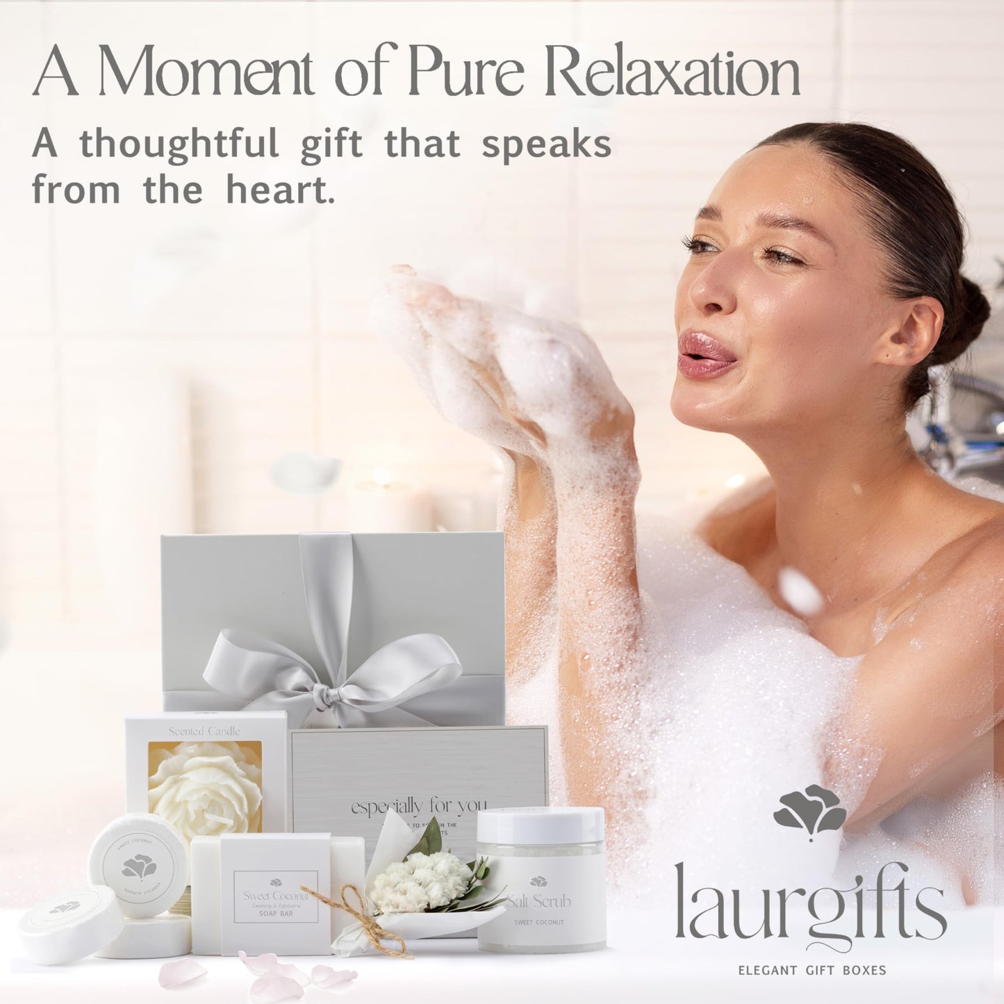 Sweet Coconut Spa Gift Set for Women – Relaxation Gift Basket with Candle, Soap, Salt Scrub & Shower Steamers – Birthday, Thank You, Bridal Shower & Self Care for Mom, Wife, Sister, Friend