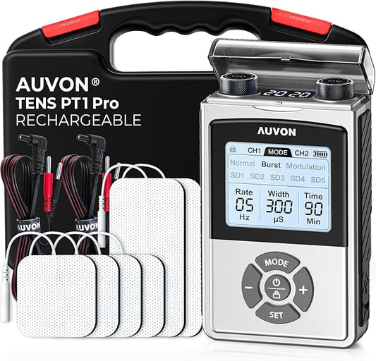 AUVON Rechargeable Digital TENS Unit Muscle Stimulator with 600 mAh Battery, TENS Machine with 8 Customizable Modes, Electric Massager for Shoulder, Back Pain Relief, 6 TENS Pads, A Carry Case
