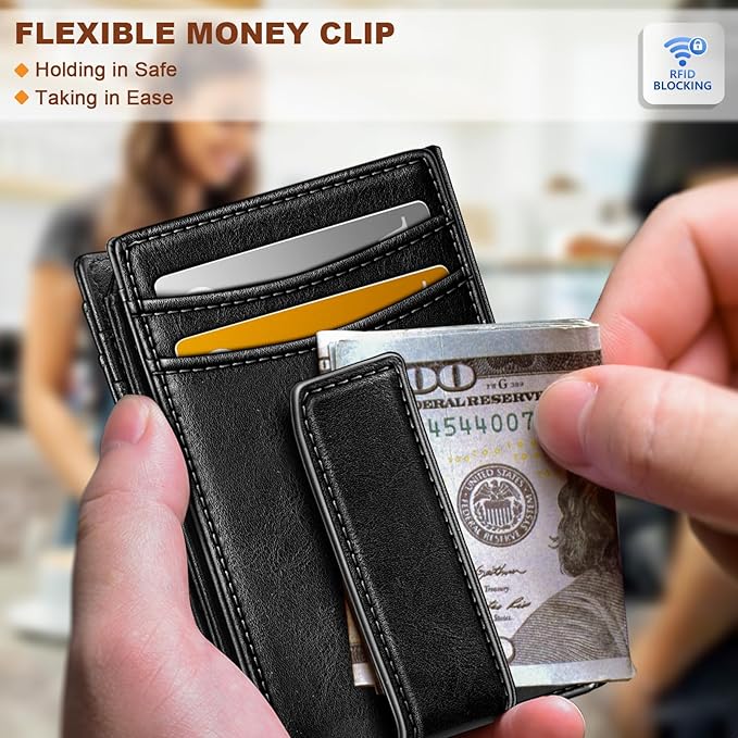 KEMISANT Men Wallet, Slim Leather Wallet Money Clip Magnetic Closure ID Windows 14Cards RFID Blocking