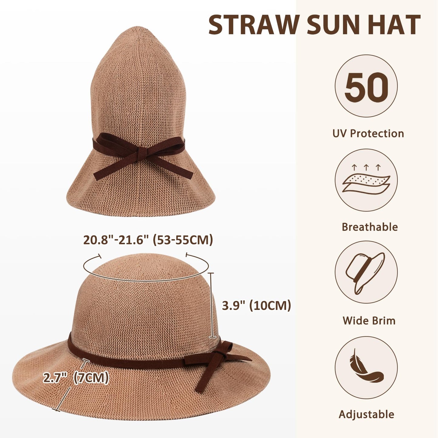 Sun Beach Hats Summer for Women, UPF 50+ UV Sun Protection Woven Crochet Hat Foldable Packable Roll up Knitted Cap, Khaki