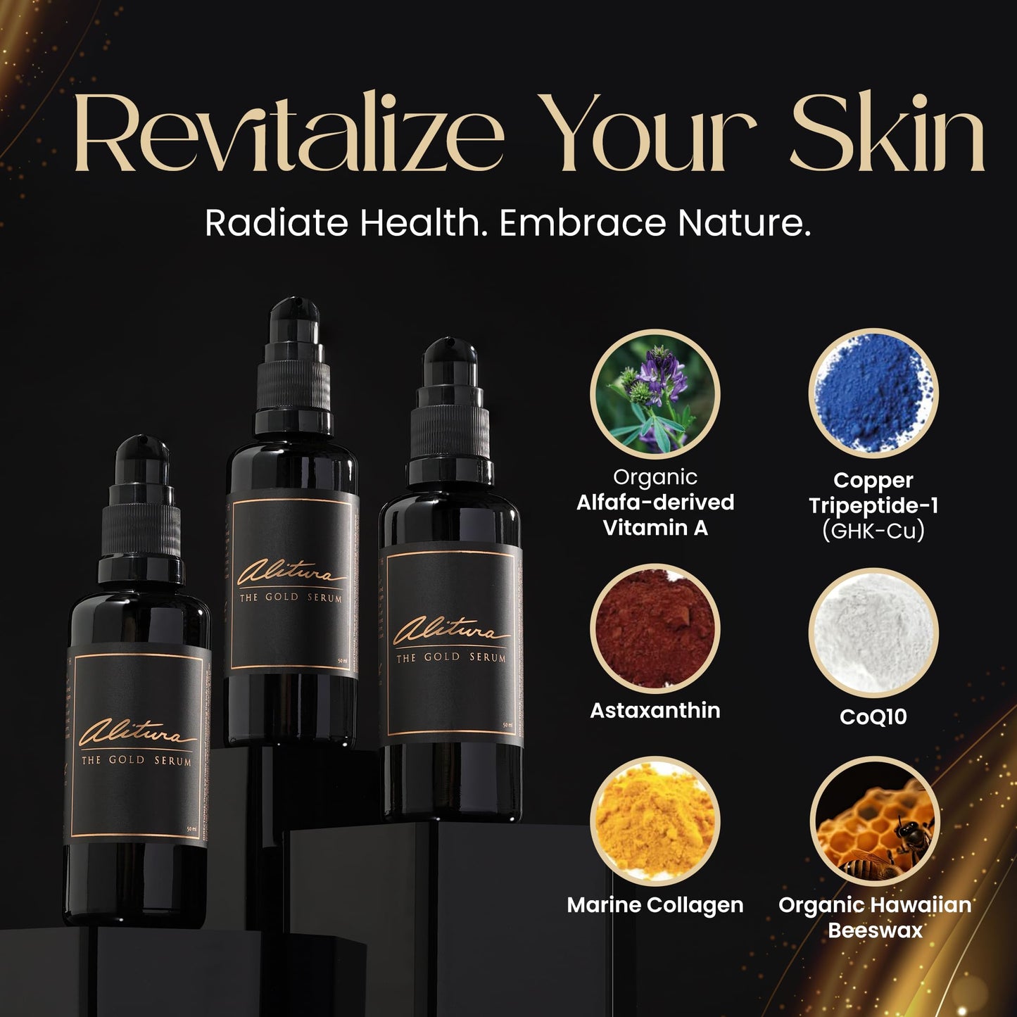 Alitura Anti-Aging Peptide & Collagen Gold Serum for Face – with Vitamin A, CoQ10 & Astaxanthin – Korean-Inspired Hydrating Serum for Wrinkles, Radiance & Firmness – 100ml