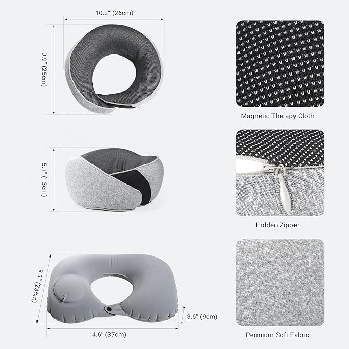Cozi Neck Pillow for Traveling,Adjustable Travel Neck Pillow Airplane 100% Pure Memory Foam Travel Pillow with Inflatable Travel Pillows for Sleeping Long Flight Portable Plane Accessories Light Gray