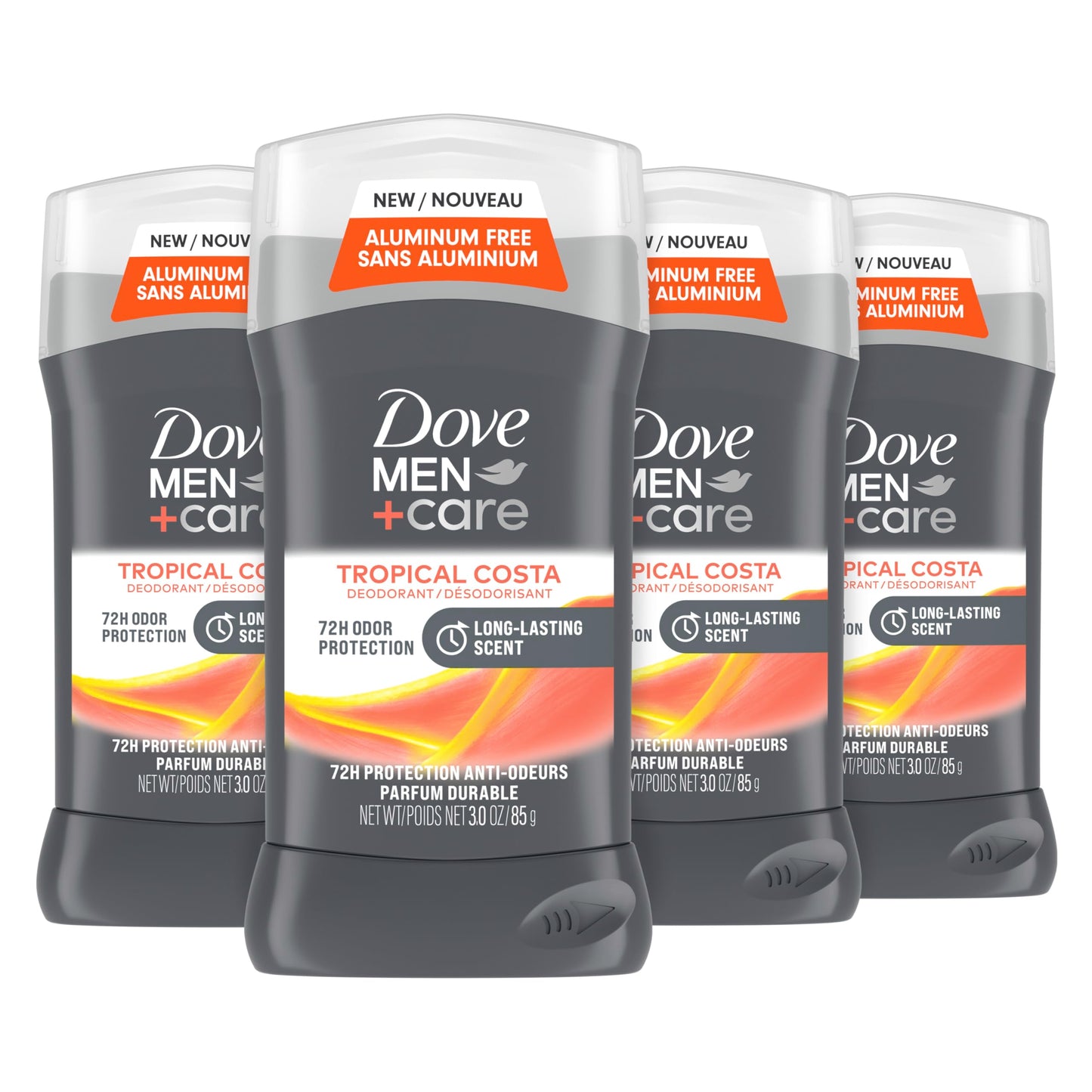 Dove Men+Care Aluminum-Free Deodorant Tropical Costa 4 Count for a Long-Lasting Scent, with 72H Odor Protection, 3.0 oz