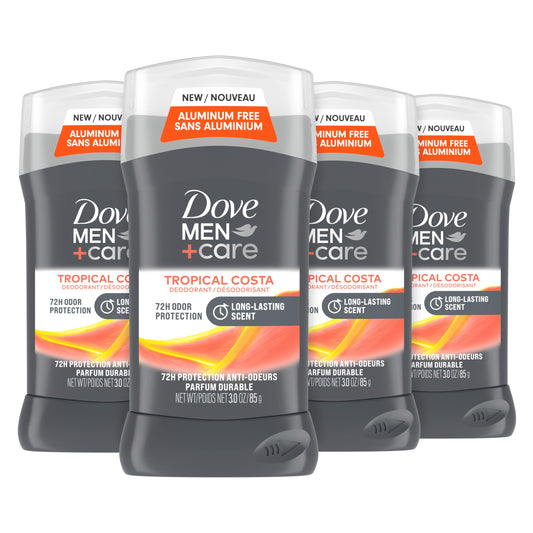 Dove Men+Care Aluminum-Free Deodorant Tropical Costa 4 Count for a Long-Lasting Scent, with 72H Odor Protection, 3.0 oz