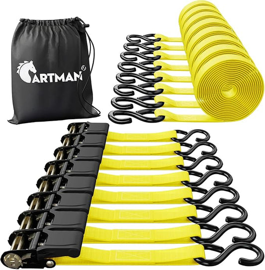 Cartman Ratchet Tie Down, 8Pk 15Ft, 500Lbs Load Cap/ 1500Lbs Break Strength, Cargo Straps for Moving Appliances, Lawn Equipment, Motorcycle in a Truck, with Carry Bag