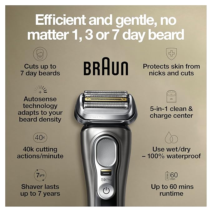 Braun Electric Razor for Men, Series 9 Pro 9465cc Wet & Dry Electric Foil Shaver with ProLift Beard Trimmer, Cleaning & Charging SmartCare Center, Head Shavers for Bald Men, Noble Metal