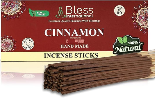 Bless-Cinnamon 100%-Natural-Handmade-Hand-Dipped-Incense-Sticks Organic-Chemicals-Charcoal-Free Purification-Relaxation-Positivity-Yoga-Meditation Best-Woods-Scent (80 Sticks (4.20 OZ))