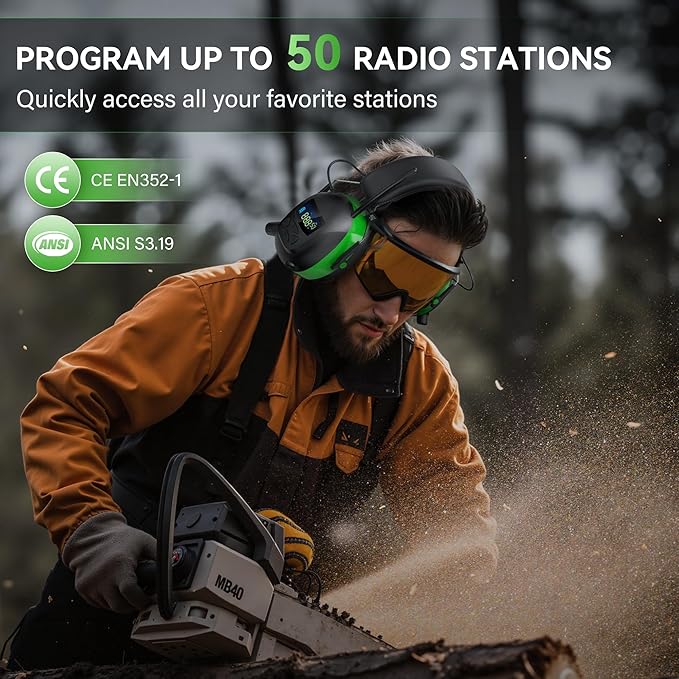 2025 AM/FM Radio Ear Protection Headphones with Backlit Digital Display, 120H Working Time, Rechargeable Hearing Protector, 30dB Noise Reduction Safety Earmuffs for Mowing, Construction, Work, Green