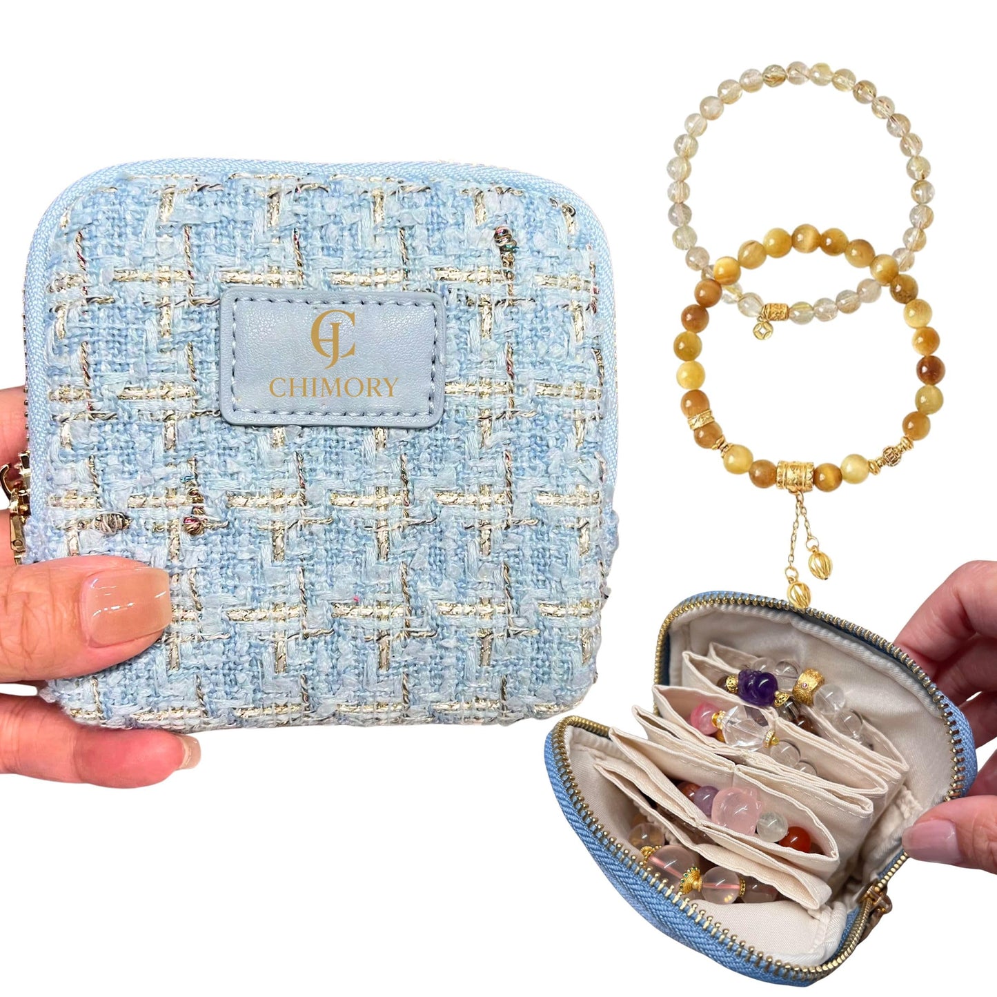 2025 New Travel Jewelry Case – Jewelry Organizer Travel for Rings, Bracelets, & Bangles with Smooth Metal Zipper, Elegant Jewelry Roll for Journey, Crystal Jewelry Storage Pouch, Mini, Tweed Blue