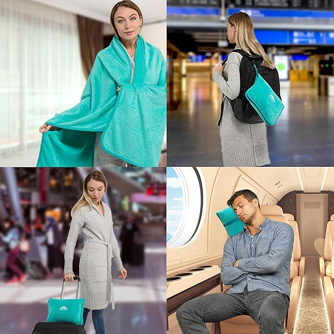 BlueHills 2-Pack Premium Soft Travel Blanket Pillow Airplane Blanket for Two in Soft Bag Pillowcase Compact Pack Large Blankets for Travel (Teal Green T012)