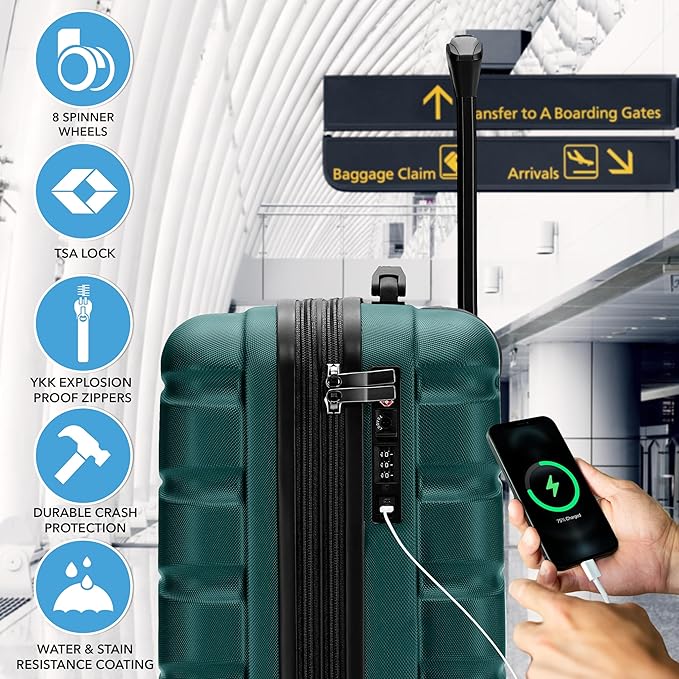 Carry On Suitcase Hardside TSA Lock & USB Port Silent Double Spinner Wheels Maximum Carry-On Bag For Canada Air Approved Airlines( 21.5x15.5x9" ,Forest Green )