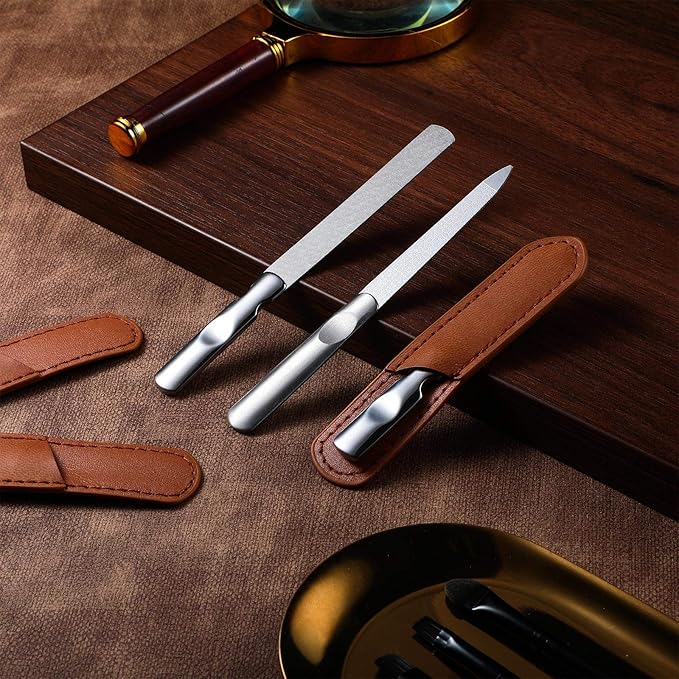 3 Pcs Stainless Steel Nail Files Kit with Leather Case, Double Sided Metal Nail Files with Anti-Slip Handle for Women and Men, Metal File Buffer Manicure Pedicure Tools for Fingernail Toenail(Brown)