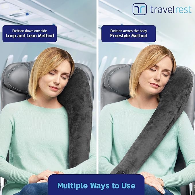 TRAVELREST All-in-One Neck & Body Pillow - Advanced Support and Comfort Design, Travel Essentials, Memory Foam, Inflatable, Airplane & Car Seat, Sleeping on Long Flight & Trips, Travel Pillow - Grey