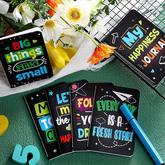 Cinrobiye 24 Pcs Mini Colorful Notebooks, Funny Motivational Journals Notepads Inspirational Notepads Small Pocket Notebook for Kids Teacher School Office Gift Bulk Prizes Travel Supplies (Black)