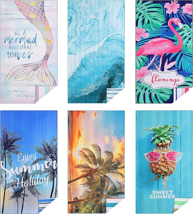 Casa Platino 6 Pack Beach Towels – Extra Large 71"x32" Sand Free Quick Dry Microfiber, Lightweight & Soft, Double-Sided Prints, Ideal Bachelorette Beach Towels for Travel & Vacation – Lorne