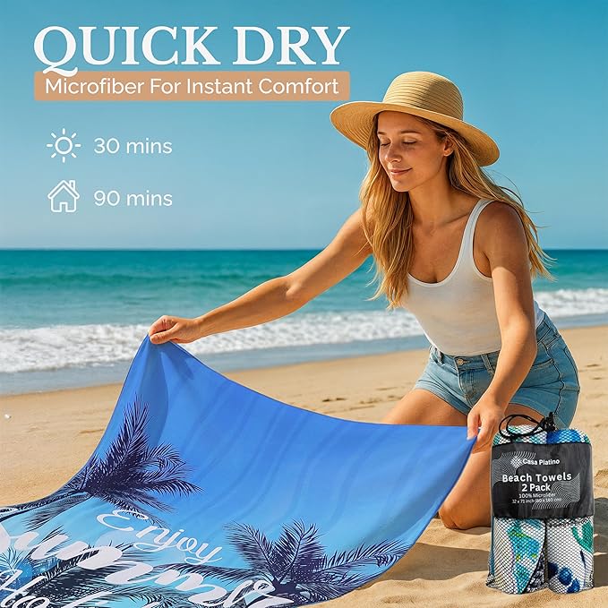 Casa Platino Pool Towel 2 Pack – Extra Large 32"x71" Quick Dry, Lightweight Microfiber Beach Towels for Poolside, Summer Camping & Travel – Sand Free & Compact – Eden
