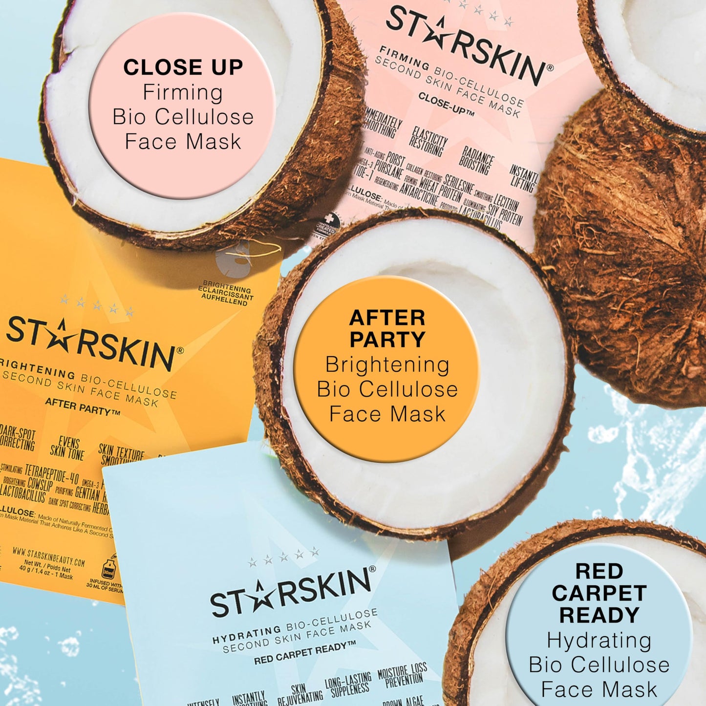 STARSKIN Red Carpet Ready Bio-Cellulose Face Mask – 4 Pack (40 g Each), Instant Hydration & Glass-Skin Glow, Coconut-Fermented Fiber, K-Beauty