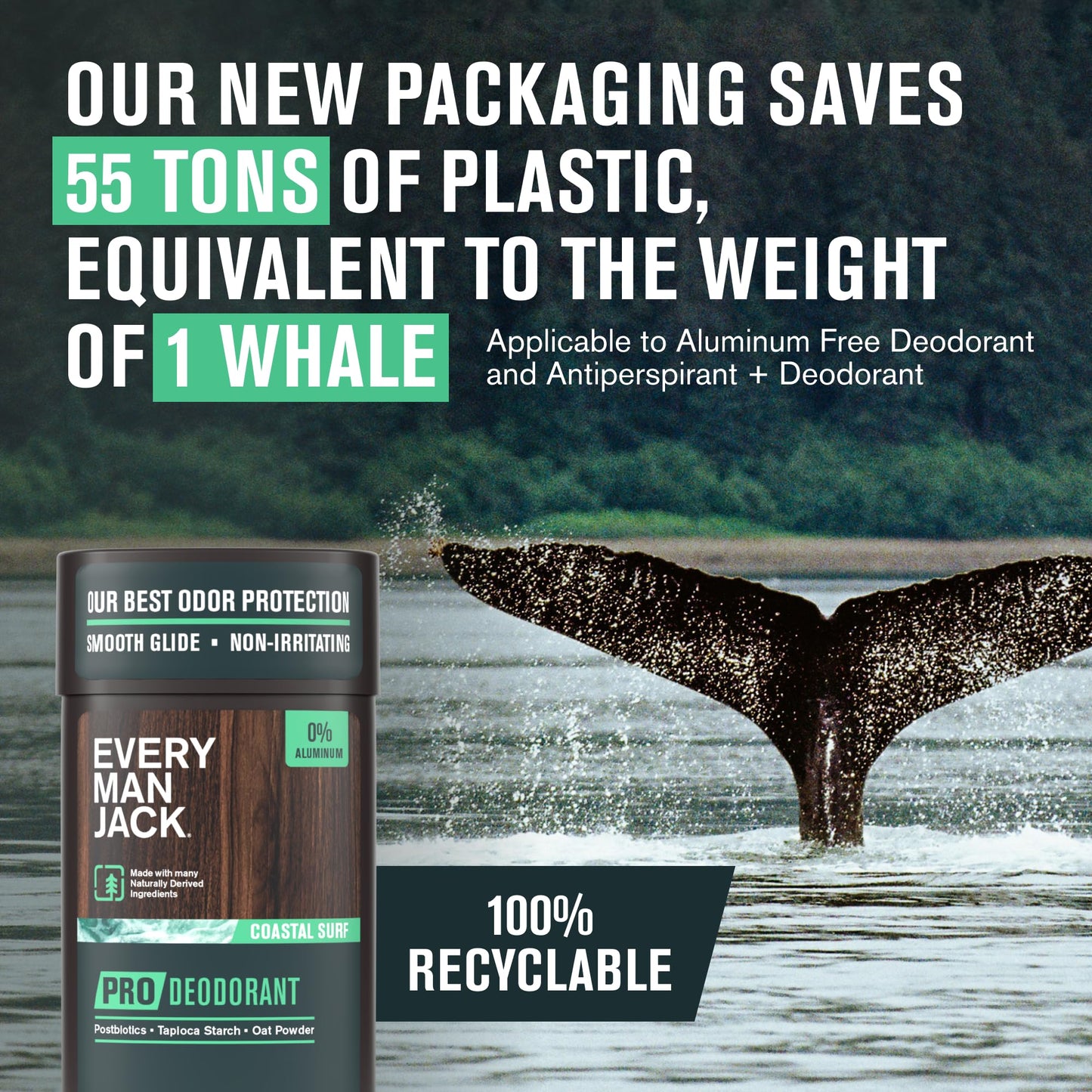 Every Man Jack Men's Pro Deodorant - 48-Hour Odor Defense Blend - Aluminum Free - Contains Postbiotics, Tapioca Stach & Oat Powder - Coastal Surf Scent - 2.6 oz (1 Pack)