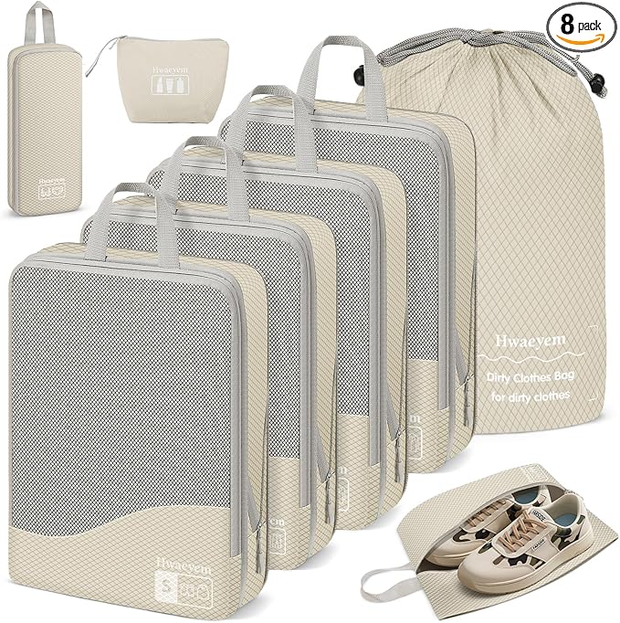 Compression Packing Cubes 8 Set, Dual Zipper Compression Packing Cubes for Travel, See-Through Mesh Packing Bags for Suitcases, packing cubes with shoe bag (Beige)