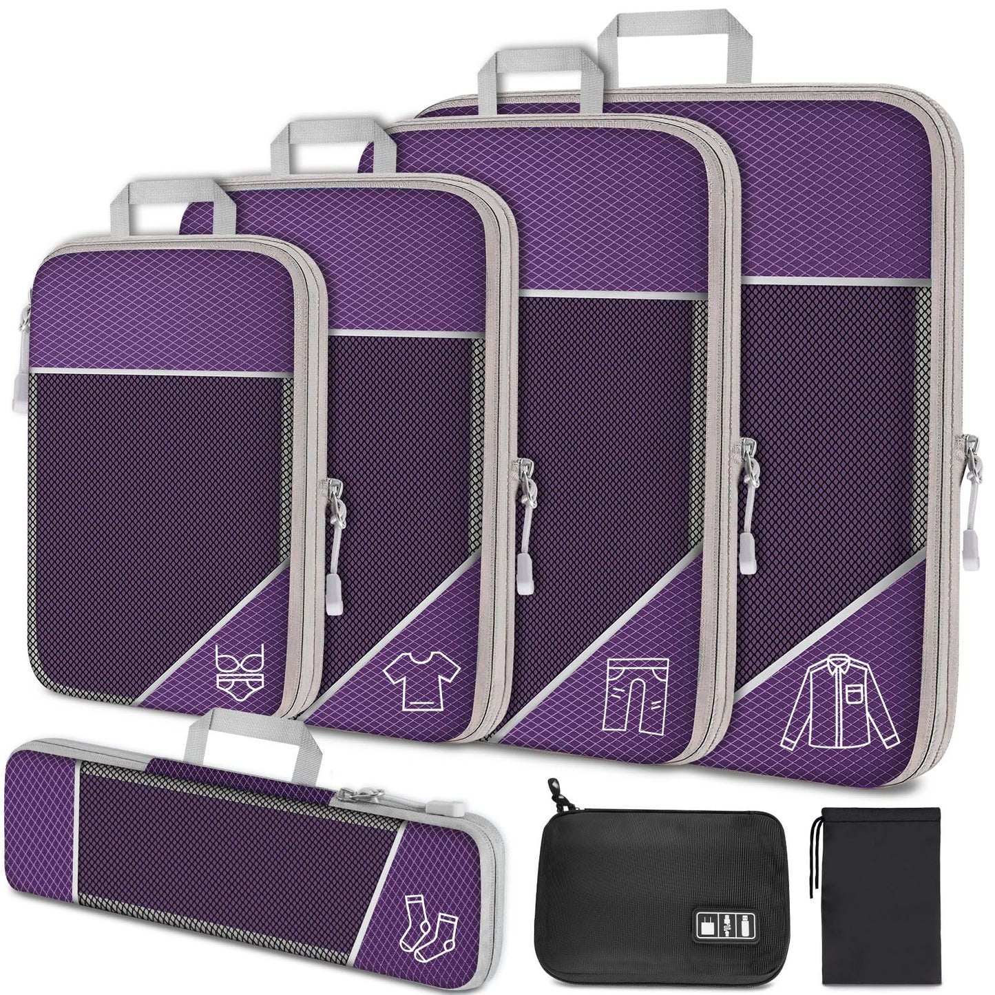 NiHome 7PCS Compression Packing Cube Set Expandable Mesh Travel Bag Luggage Organizers with Electronic Cable Cord Charger Organizer Drawstring Bag for Trip Home Storage Travel Gear Accessories