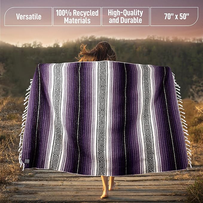 Authentic Large Handwoven Mexican Blanket - Soft Yoga- Durable Serape- Lightweight Falsa, Beach, Camping, Picnic, Outdoor Blanket 70"x50" - Lavender Jade