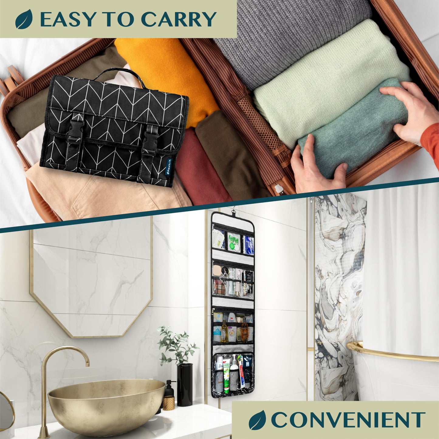 PAVILIA Travel Hanging Toiletry Bag for Women Men, Large Capacity Makeup Bag Kit, Waterproof Cosmetic Storage Organizer Case for Bathroom Shower, Black Chevron