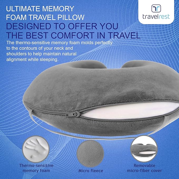 TRAVELREST Travel Essential Neck Pillow - Memory Foam, Washable Micro-Fiber Cover, Soft and Comfortable Head Support for Long Flights, Compact, Attaches to Luggage, Airplanes, Cars, Bus - (Grey, Curl)
