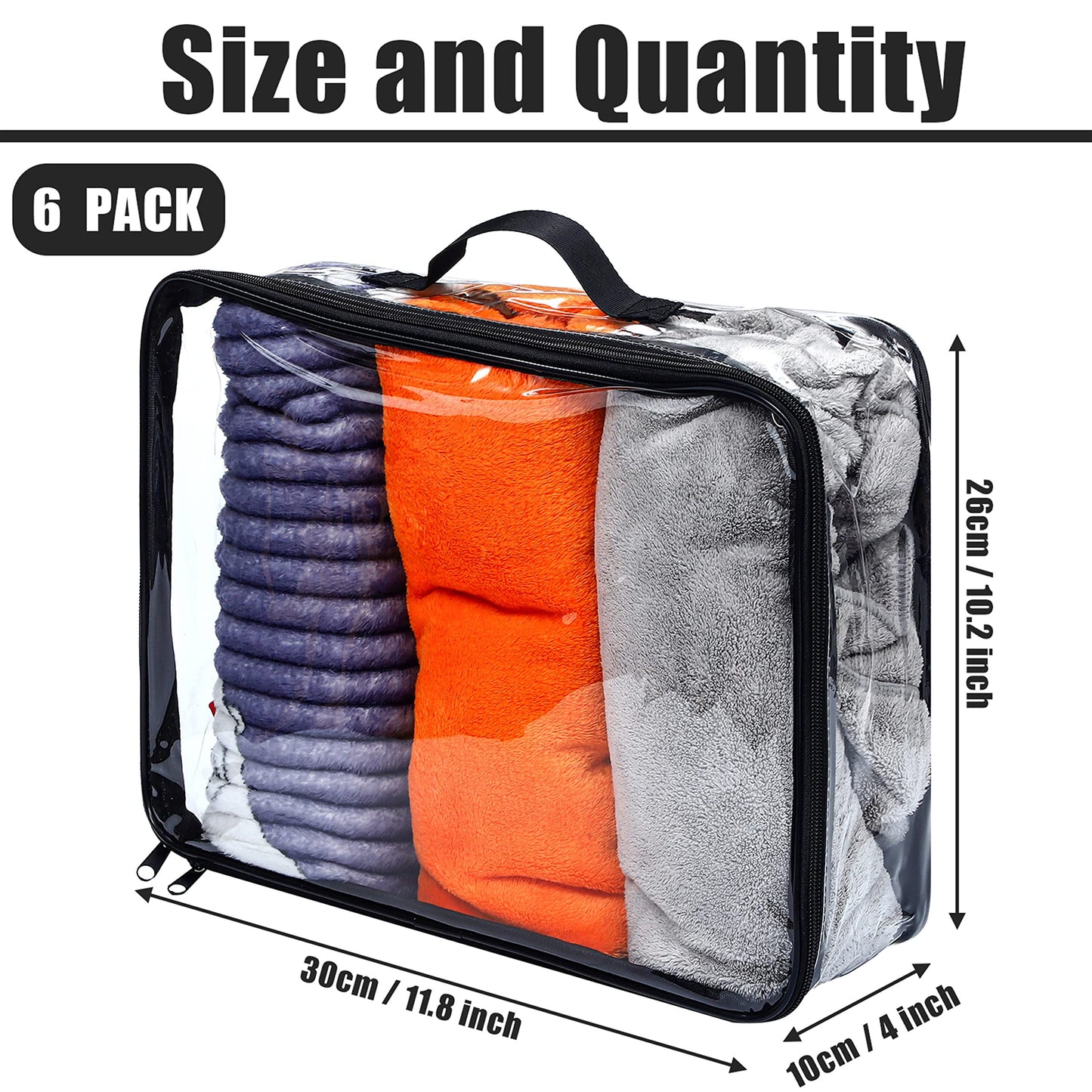 6 Pieces Large Clear Travel Packing Cube Clear Vinyl Zippered Storage Bags See Through Moving Bag PVC Multipurpose Pouch with Handle for Suitcase Shirts Dress Storage (Black, 11.8 x 10.2 x 3.9 Inch)