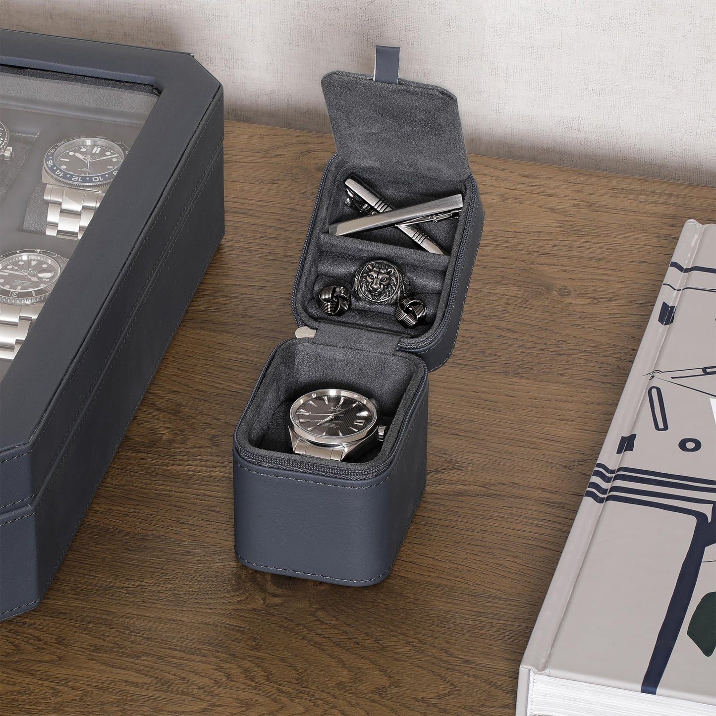 ROTHWELL Single Watch Travel Case with Accessory Compartment | Compact PU Leather Protective Box with Microsuede Interior | Fits Watches & Smartwatches Up to 55mm | Accessory Lid for Jewelry (Carbon)