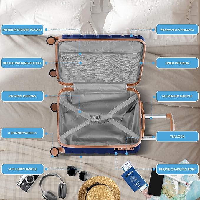 Carry On Suitcase Hardside TSA Lock & USB Port Silent Double Spinner Wheels Maximum Carry-On Bag For Canada Air Approved Airlines( 21.5x15.5x9" ,Navy/Tan )