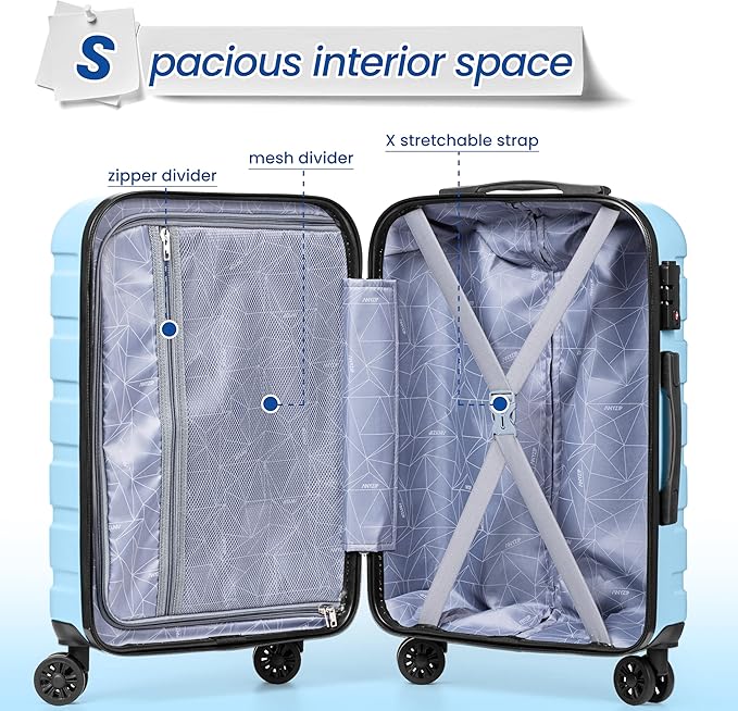 AnyZip Luggage Sets 3 Piece Hardshell Suitcase Set PC ABS Lightweight Travel Suitcases with 4 Double Spinner Wheels TSA Lock 20 24 28 Inch Light Blue