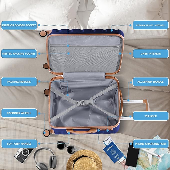 Carry On Suitcase Hardside TSA Lock & USB Port Silent Double Spinner Wheels Maximum Overhead Carry-On Bag Approved For Many Airlines( 22x18x10" ,Navy/Tan )