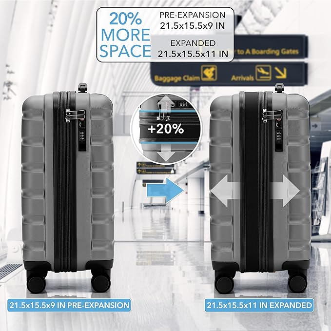 Carry On Suitcase Hardside TSA Lock & USB Port Silent Double Spinner Wheels Maximum Carry-On Bag For Canada Air Approved Airlines( 21.5x15.5x9" ,Charcoal )