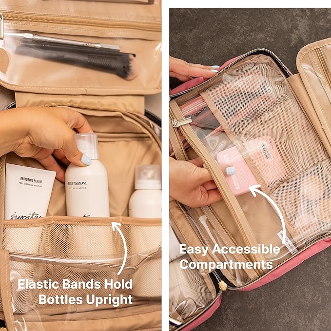 Carrywell |Not Made In China| Hanging Toiletry Travel Bag For Women, Makeup Organizer Case, Water-Resistant Cosmetic Bag For Full-size Containers, Toiletries (Rosewood Pink, Medium)