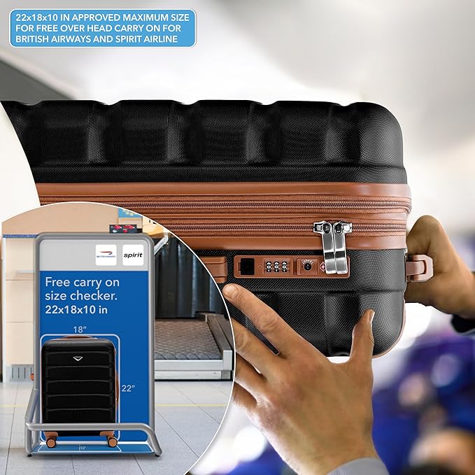 Carry On Suitcase Hardside TSA Lock & USB Port Silent Double Spinner Wheels Maximum Overhead Carry-On Bag Approved For Many Airlines( 22x18x10" ,Black/Tan )