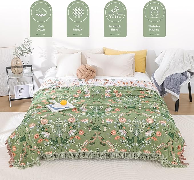 Boho Throw Blanket for Bed 100% Cotton Ultra Soft Rustic Quilt Farmhouse Decor Bed Fall Blankets,All Season Rustic Throw for Sofa Couch Chair (Green World, 60"×80")