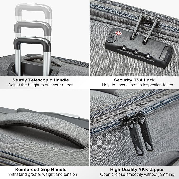 Kono 20 Inch Softside Carry On Luggage Airline Approved 20 Inch Spinner Wheels Lightweight Waterproof Suitcase with TSA Lock for Business Travel (Small, Grey)