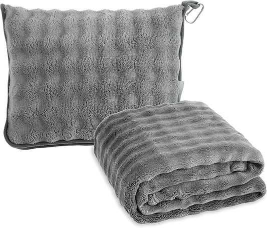 SOCHOW Travel Blanket for Airplane Train and Car, Soft Travel Blanket or Pillow 2 in 1 Compact with Portable Bag Pillowcase, Flight Blanket with Luggage Sleeve and Backpack Clip, Grey