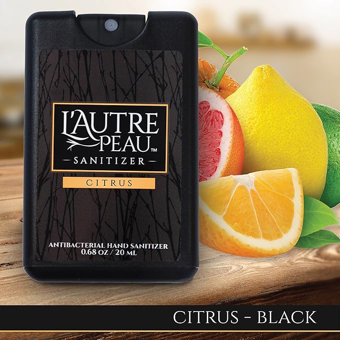 Antibacterial Travel Hand Sanitizer Spray with Aloe Vera by L’AUTRE PEAU - Unique Flat Credit Card Shape - Citrus Scented Mini Pocket Size (4 Pack - 20ML, Frost,Black,Red,Blue)