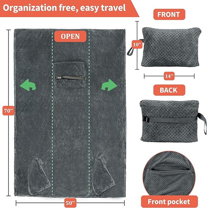 Tirrinia Travel Blanket Airplane Compact with Bag, Soft& Lightweight Wearable Blanket with Foot Pockets for Women Men Adults, Warm Snuggle Blanket, Airplane Travel Essentials, Travel Gifts for Her,