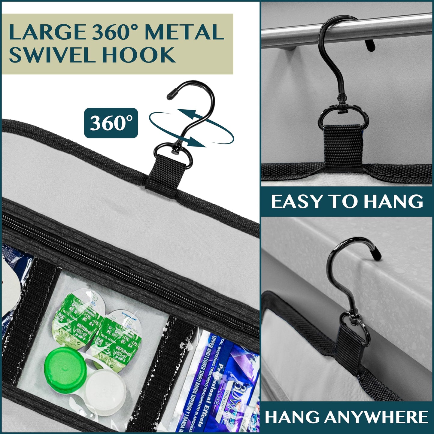 PAVILIA Travel Hanging Toiletry Bag for Women Men, Large Capacity Makeup Bag Kit, Waterproof Cosmetic Storage Organizer Case for Bathroom Shower, Black Chevron