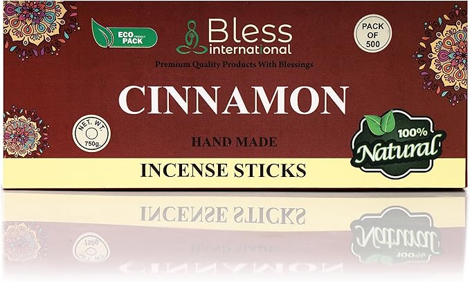 Bless-Cinnamon 100%-Natural-Handmade-Hand-Dipped-Incense-Sticks Organic-Chemicals-Charcoal-Free Purification-Relaxation-Positivity-Yoga-Meditation Best-Woods-Scent (500 Sticks(26 OZ))