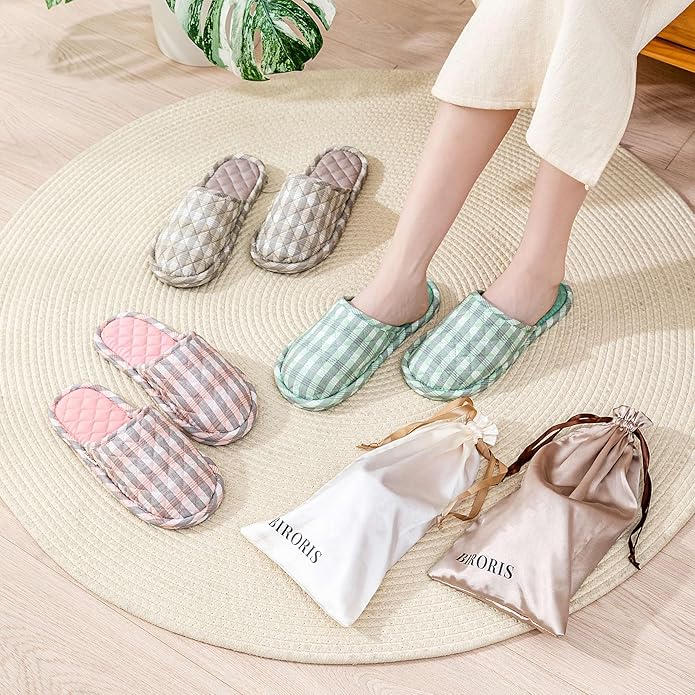 3 Pairs Floral Cotton House Slippers for Women, Open Toe Indoor Slippers Comfortable Washable Portable Foldable Guest Travel Hotel Airplane Spa Slippers