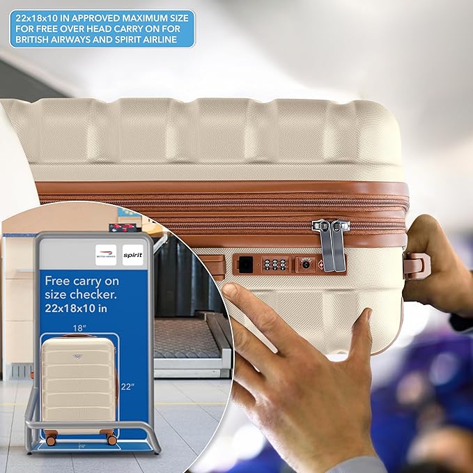 Carry On Suitcase Hardside TSA Lock & USB Port Silent Double Spinner Wheels Maximum Overhead Carry-On Bag Approved For Many Airlines( 22x18x10" ,Cream/Tan )